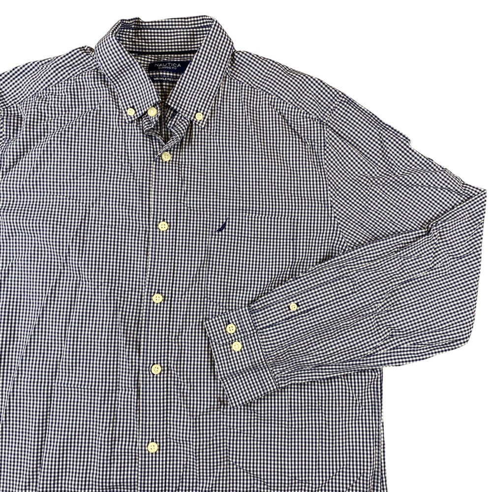Nautica Mens Large Classic Fit Navy White Gingham Wrinkle Resistant Cotton Shirt